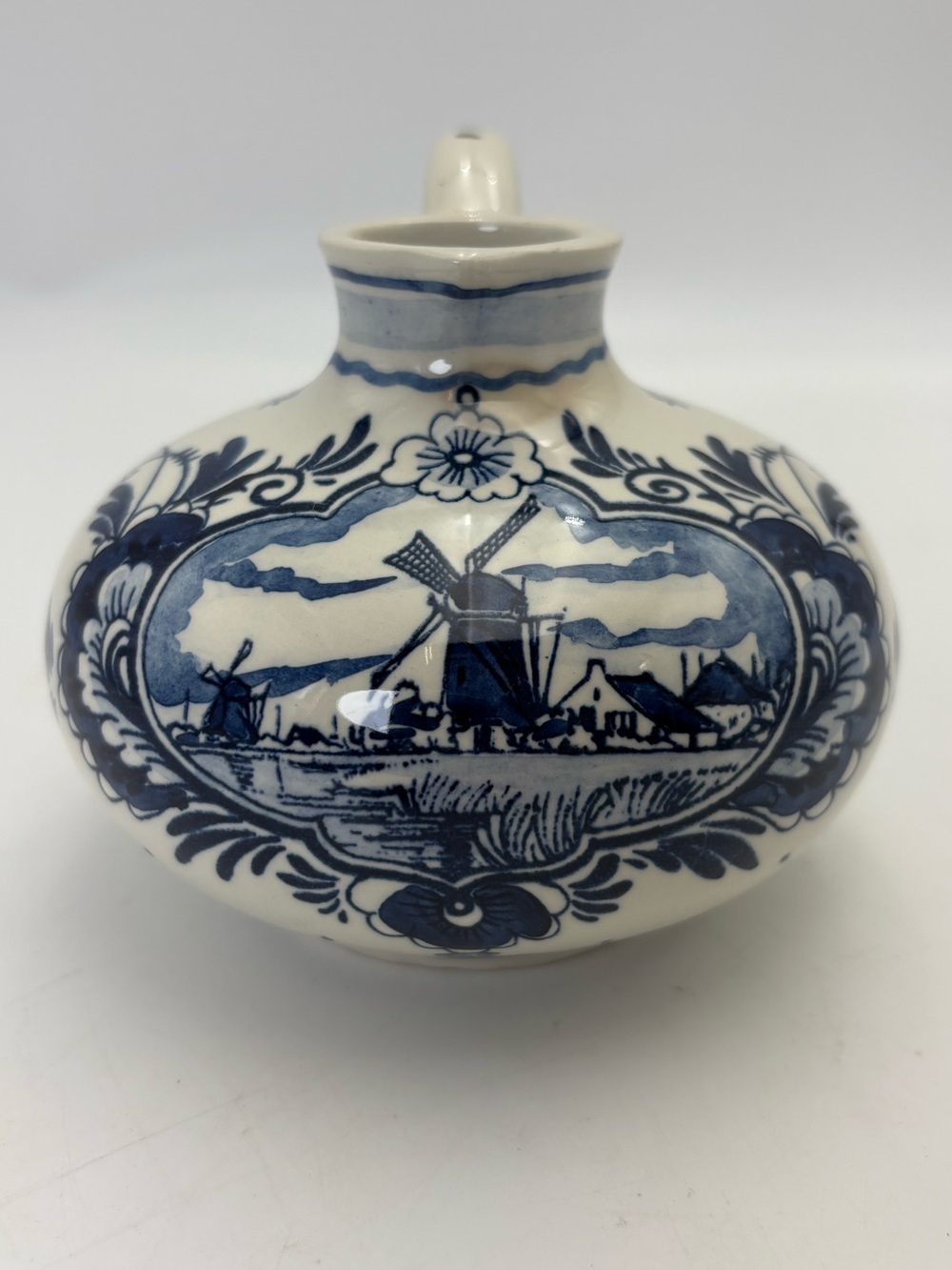 Vintage Blue and White Delft  Ceramic Jug with Hand-painted Windmill Scene